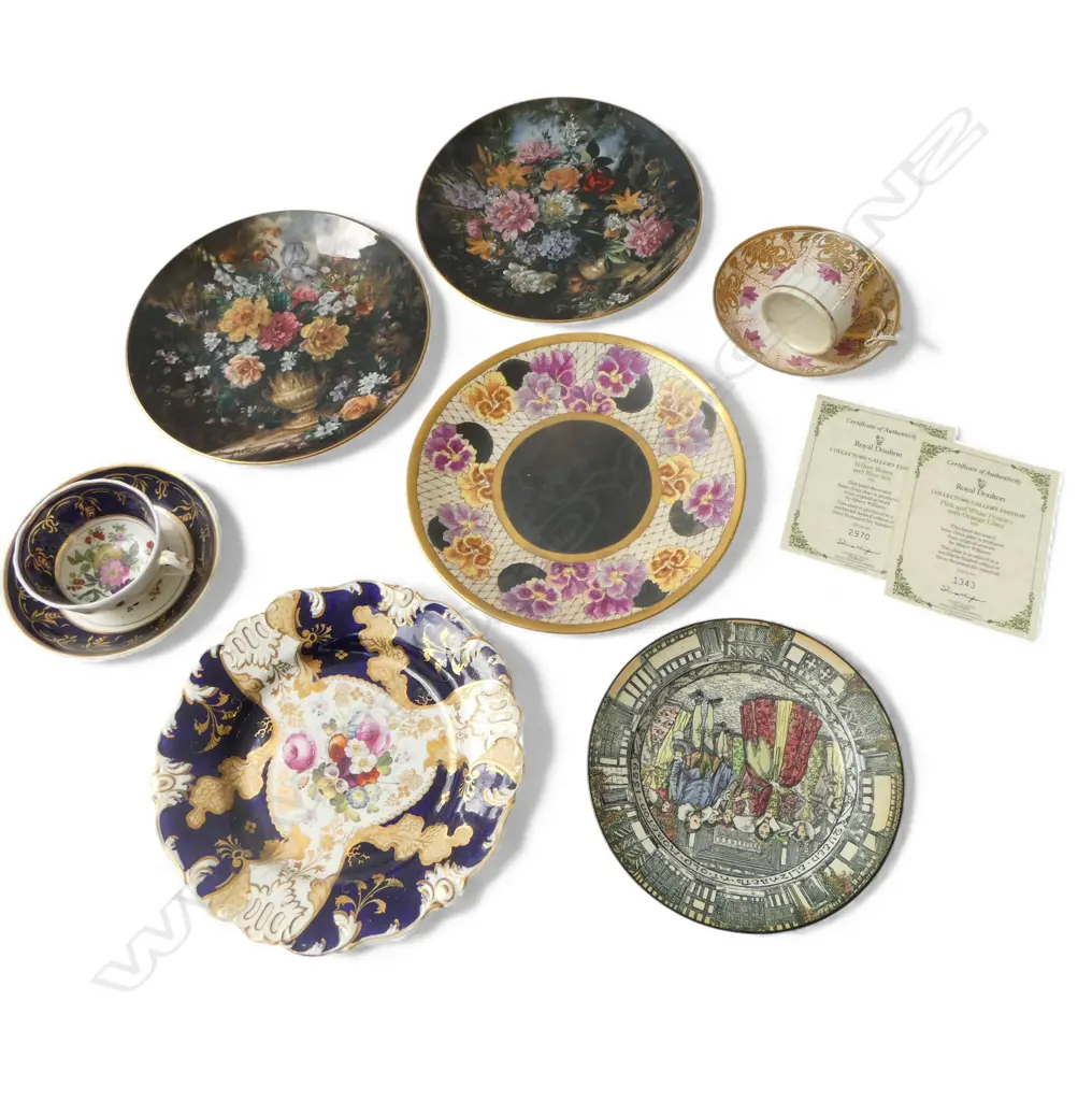 SELECTION FANCY CHINA PLATES: DOULTON ETC + 2X 19thC CUPS & SAUCERS Image 1++