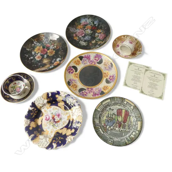 SELECTION FANCY CHINA PLATES: DOULTON ETC + 2X 19thC CUPS & SAUCERS