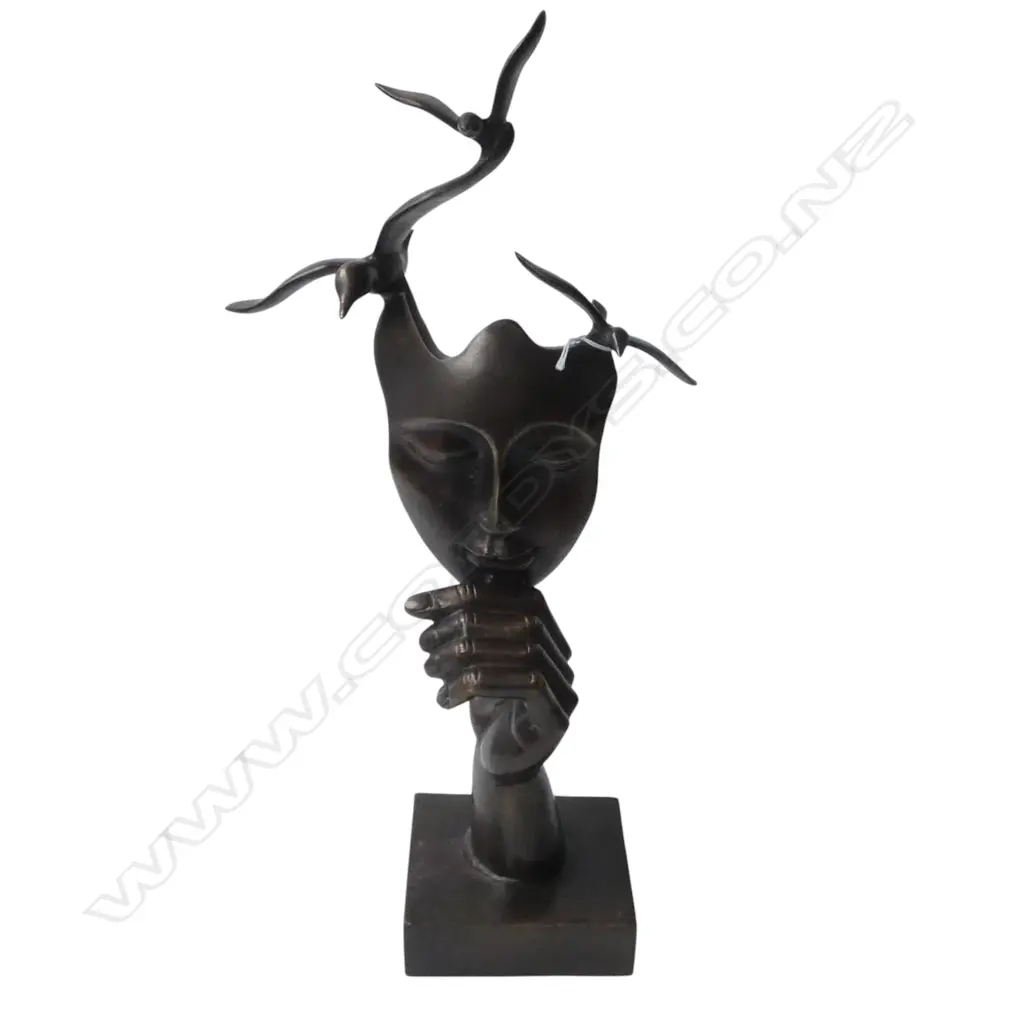 BRONZED BRASS SCULPTURE; FACE HELD BY HAND w. BIRDS ABOVE H.470mm Image 1++