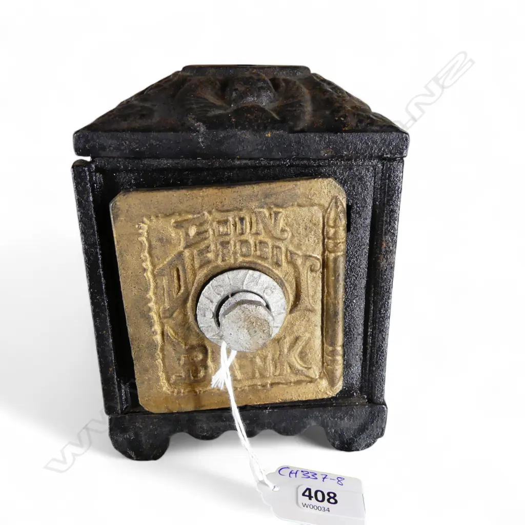 OLD CAST IRON 'COIN DEPOSIT BANK' SAFE MONEY BANK 100x80x145mm Image 1++