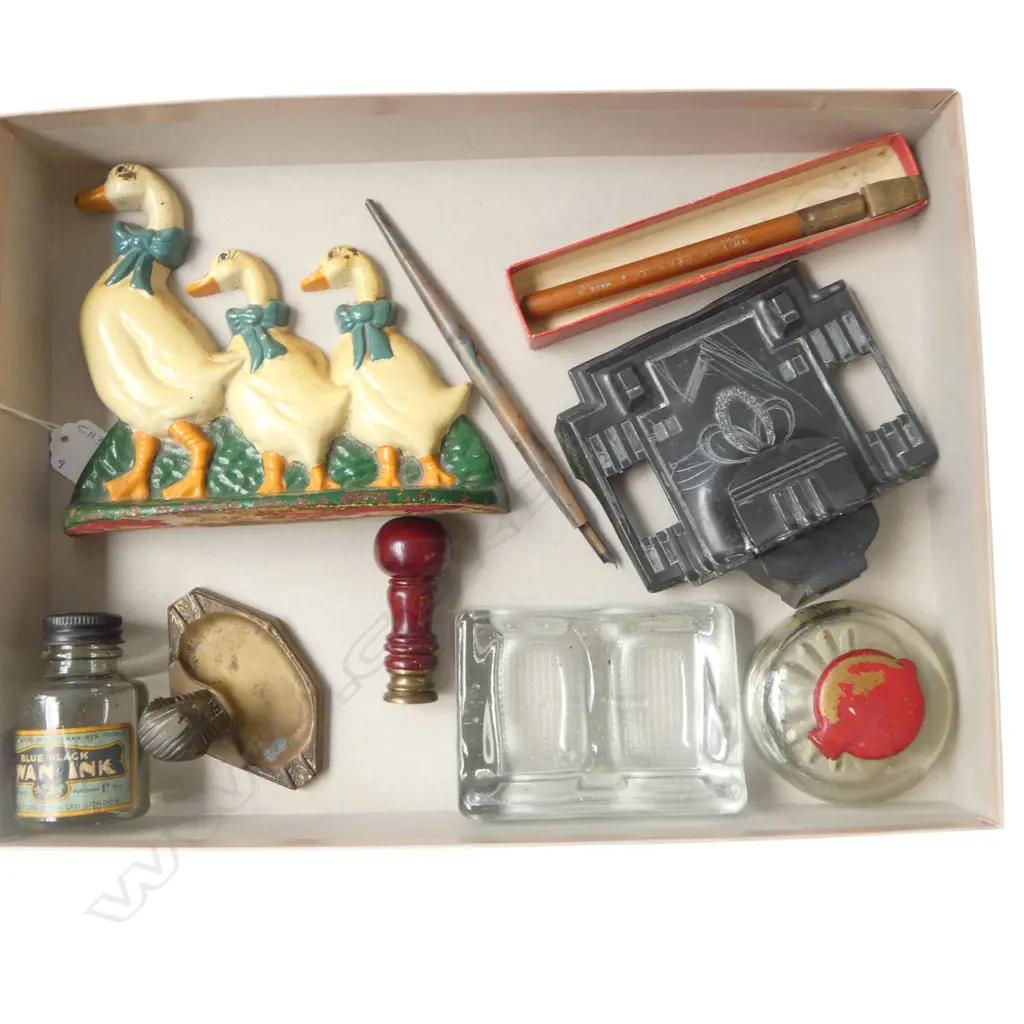 DESK ITEMS - SEAL, INKWELL, CALLIGRAPHY PEN ETC & CAST IRON DUCK DOORSTOP Image 1++
