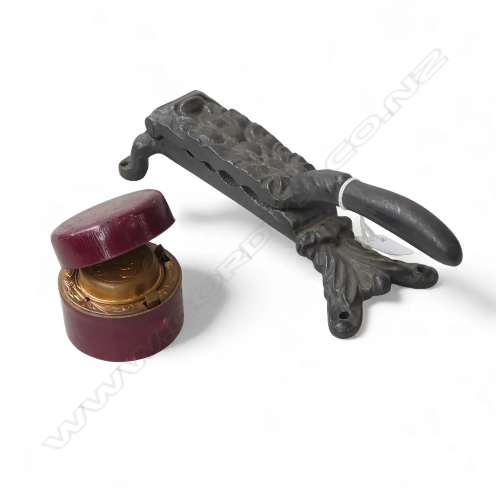 VICTORIAN CAST IRON apothecary CORK PRESS L.250mm + 'INK' BOTTLE glass engraved brass & red leather covered Image 1++