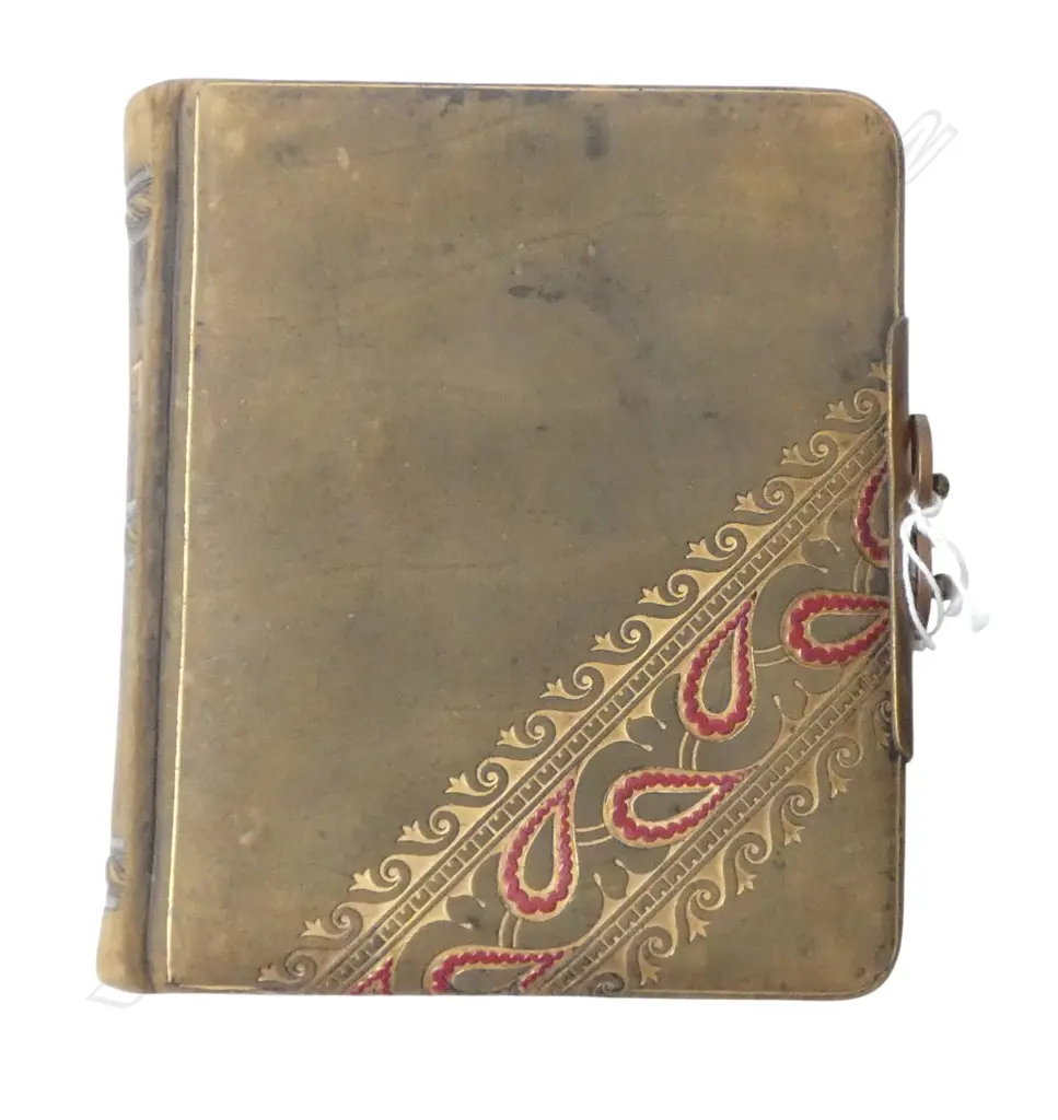VICTORIAN PHOTO 'ALBUM' soft green leather w gilt & red highlights. Fancy brass latch 160 x 140mm Image 1++
