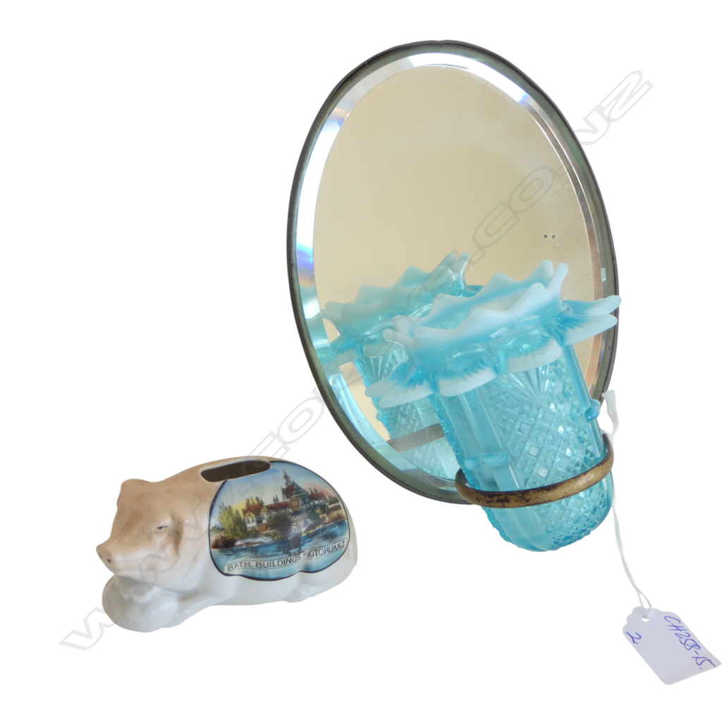 VICTORIAN BLUE & VASELINE GLASS mirrored back WALL SCONCE + BISQUE PIG 'BATH BUILDING ROTORUA NZ' made in Germany Image 1++