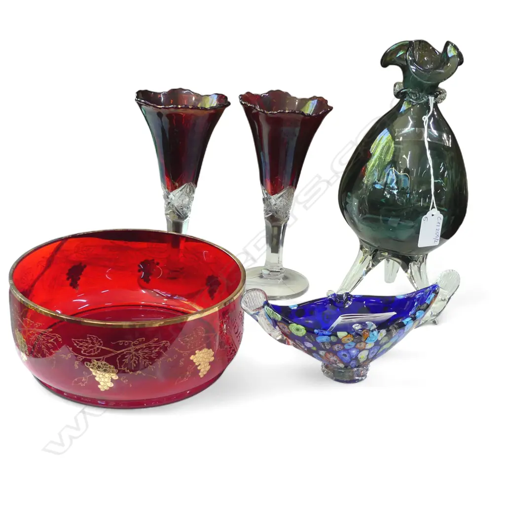 5 PCES ART GLASS; RED BOWL 200mm dia, MURANO DISH, 2 WINE GLASSES, VASE H.270mm Image 1++