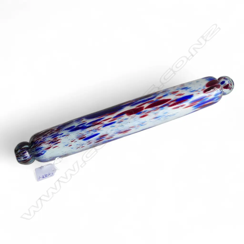 VINTAGE GLASS ROLLING PIN white with blue & red flecked highlights - mouth blown L.405mm. Image 1++