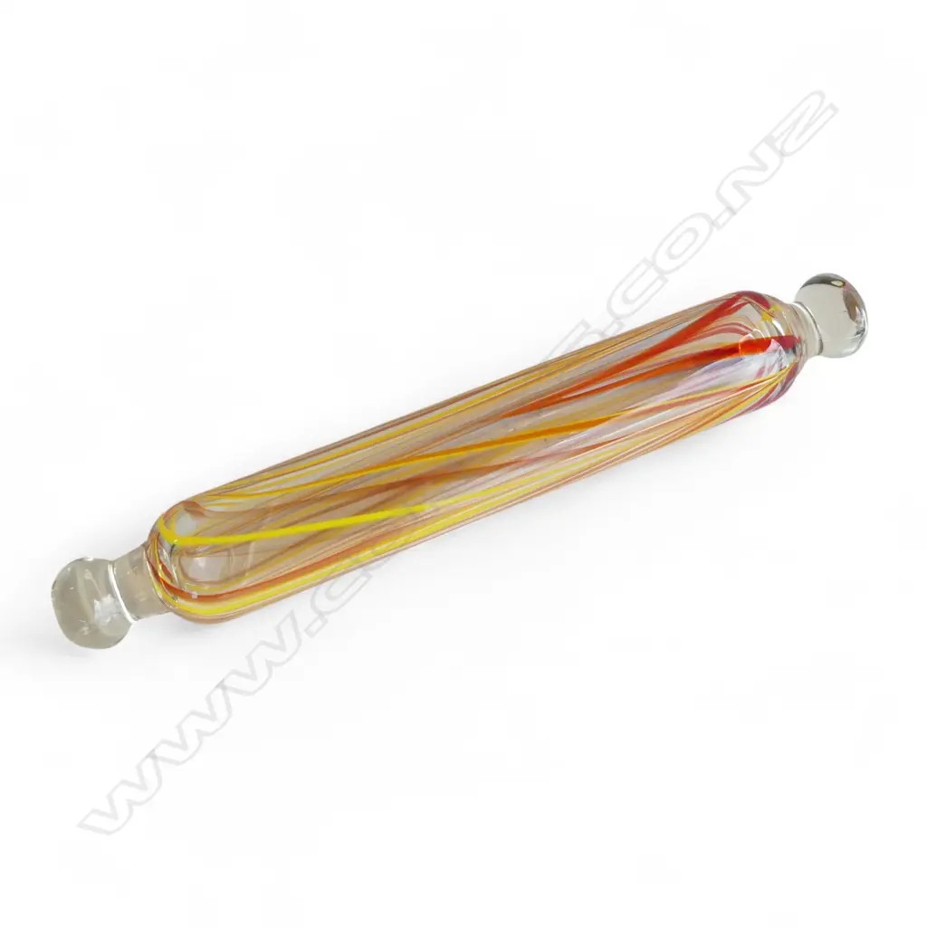 VINTAGE HOLLOW GLASS ROLLING PIN clear with yellow & red swirls- mouth blown L.415mm. Image 1++