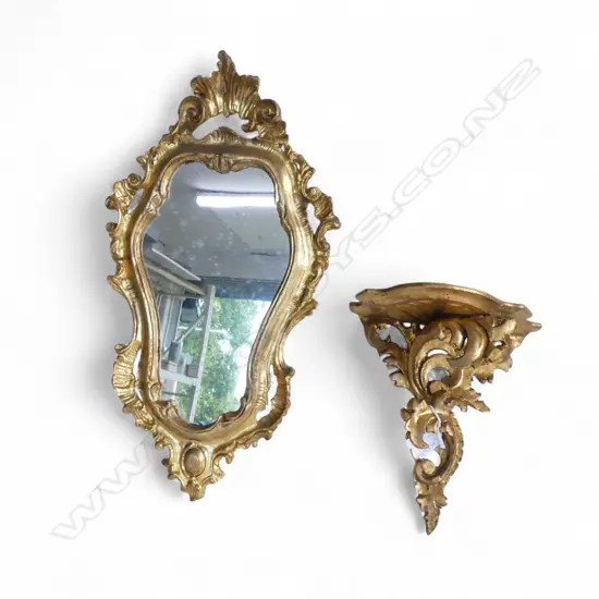 VINTAGE GILTWOOD MIRROR 480x275mm & WALL BRACKET SHELF H.225mm