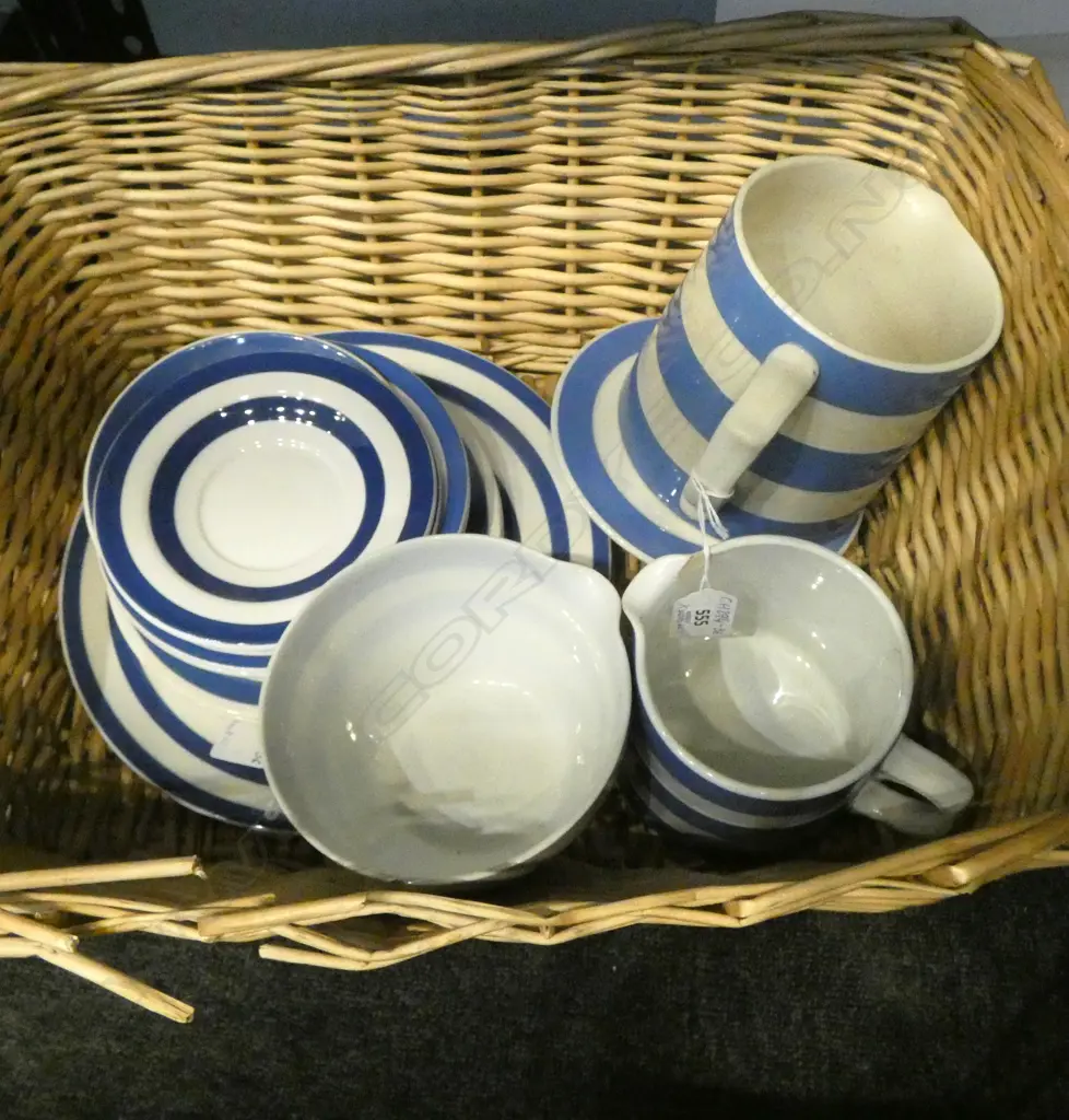 2 PCES CORNISH WARE + ASST. STAFFORDSHIRE 'CORDON BLEU' CHINA etc all faults IN WICKER BASKET 460x360x180mm Image 1++