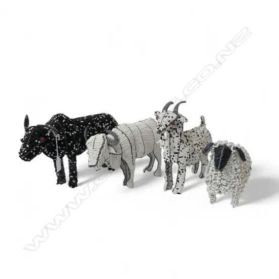 4 AFRICAN BEAD ANIMALS; 2 COWS, GOAT & SHEEP L.360mm