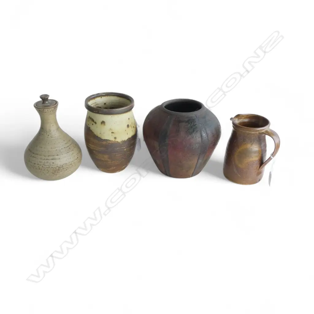 NZ STUDIO POTTERY 2 VASES H180MM JUG H150MM & LIDDED BOTTLE H200MM Image 1++