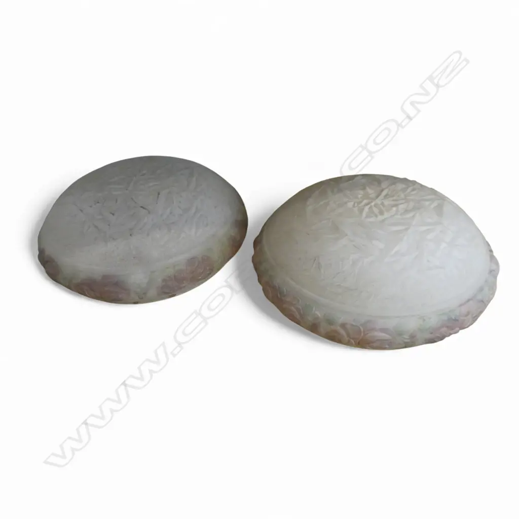 PAIR ANTIQUE PENDANT GLASS LIGHT SHADES W. FLORAL FRIEZE, D.340MM Image 1++