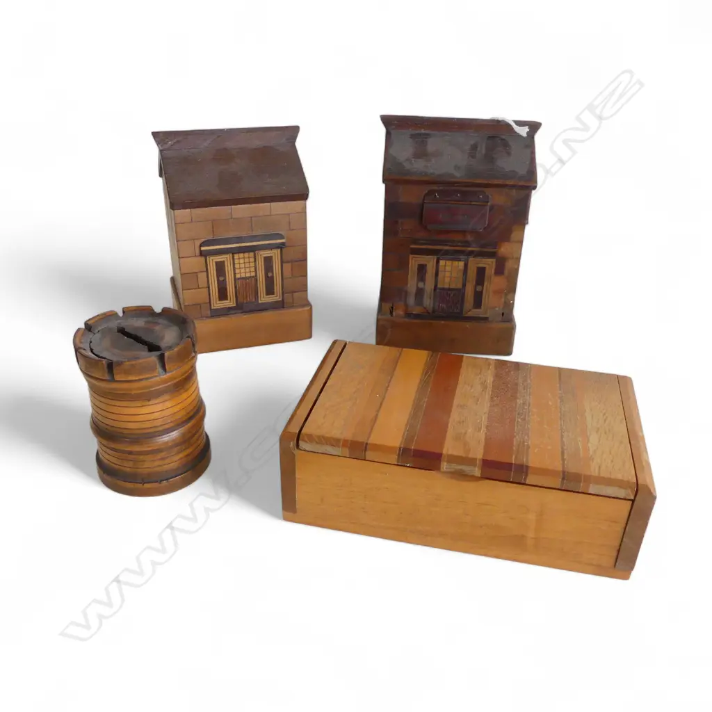 3 ANTIQUE WOODEN parquetry MONEY BANKS (1 w a few loose panels) + TREEN ROOK BANK + NZ WOODS BOX Image 1++