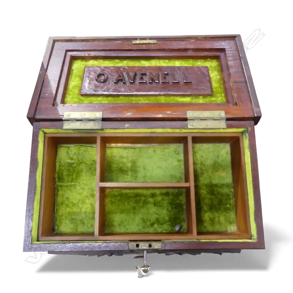 ANTIQUE CARVED WOODEN JEWELLERY BOX; GREEN VELVET LINED W.390mm Image 1++