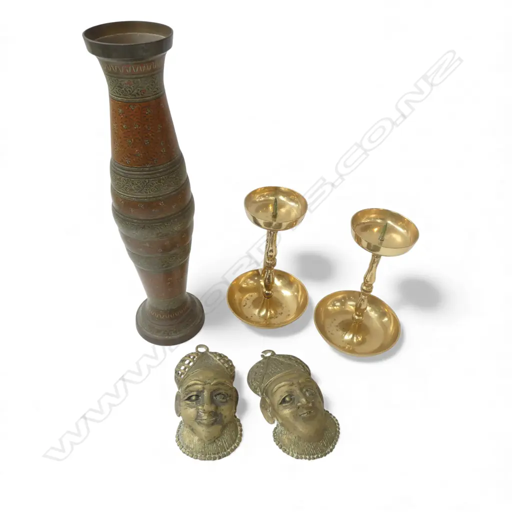 2 AFRICAN BRONZE  WALL MASKS H140MM ISLAMIC CANDLESTICKS H180 & VASE H360MM Image 1++