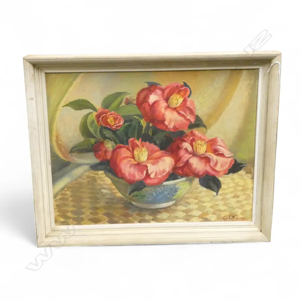 CONSTANCE LOUISE FIDLER, CAMELLIA STILL LIFE, OIL ON BOARD 345x440mm, SIGNED Image 1++