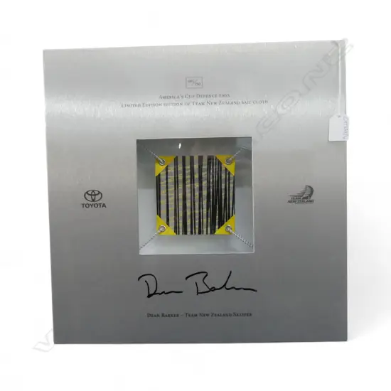 AMERICAS CUP 2003 FRAMED PIECE OF SAIL CLOTH, SIGNED BY DEAN BARKER 81/150 390x390mm