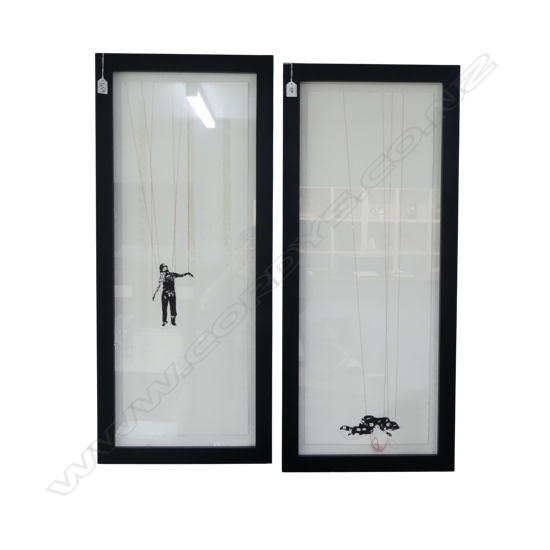 PR OF FRAMED MODERN ARTWORKS HANGING PUPPETS H1000 W420MM