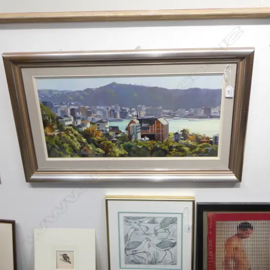 TREVOR HAYTER ACRYLIC PAINTING 'UNDER THE CLOUDLESS SKY WELLINGTON HARBOUR' SIGNED. DATED 1990. 295 X 595mm