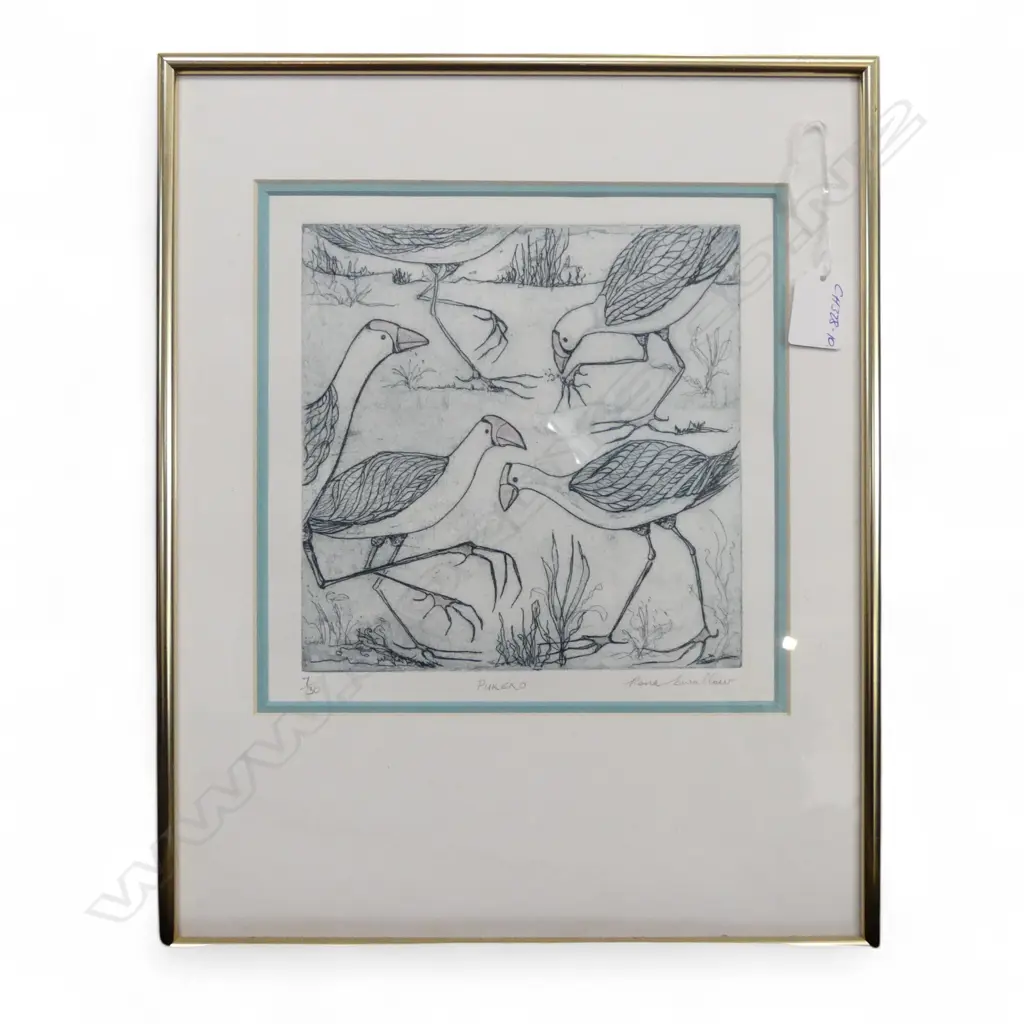 RONA SWALLOW ETCHING 'PUKEKO' Ltd. Ed. 7/30. Signed. 200 x 200mm. Framed under glass Image 1++