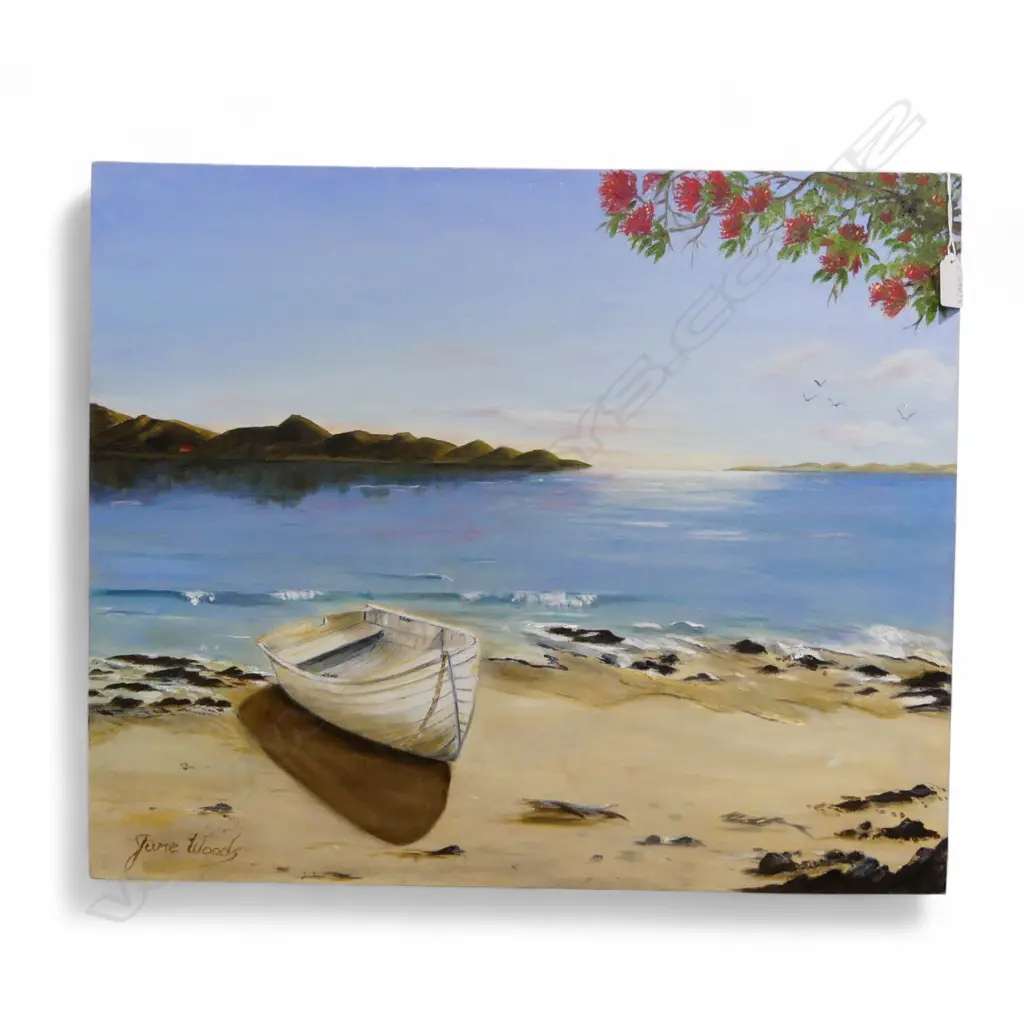 JUNE WOODS, BEACH SCENE, ACRYLIC ON CANVAS 500x600mm Image 1++