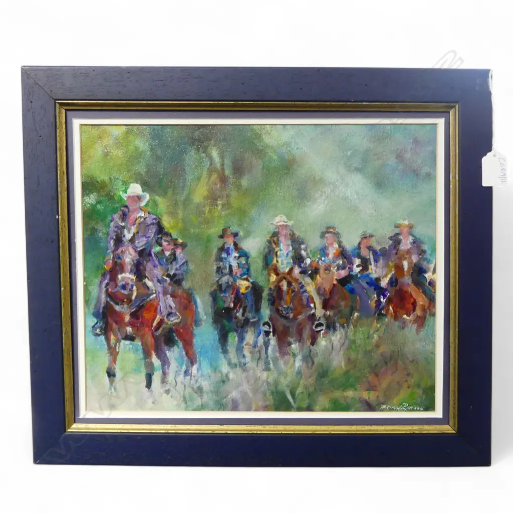 BRIAN RAMAGE 'OUT INTO THE CLEARING, CAVALCADE RIDERS CENTRAL OTAGO' ACRYLIC ON CANVAS 300x370mm Image 1++