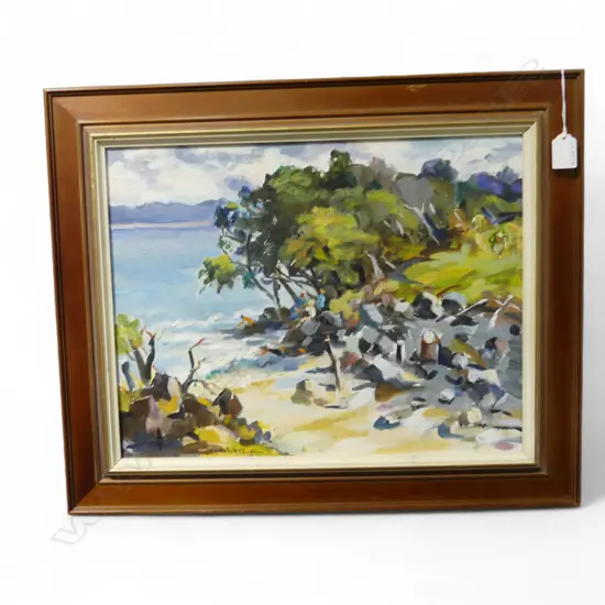 VIOLET WATSON 'GLIMPSE OF THE SEA - THAMES' OIL ON BOARD 340x440mm