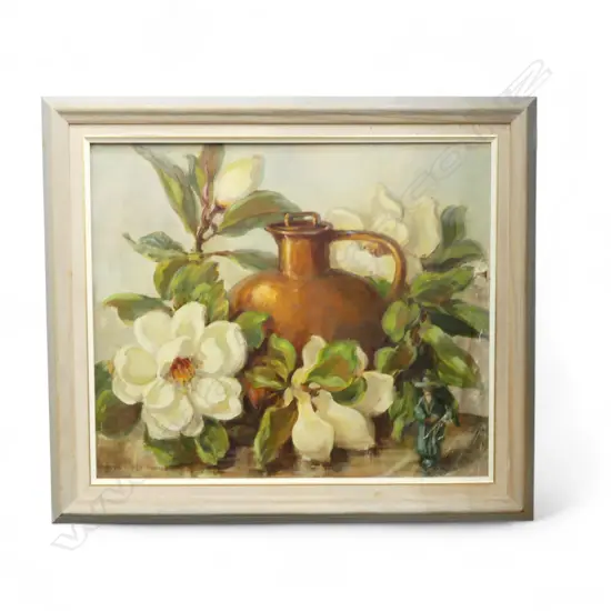 GLADYS CURTIS SIMPSON, STILL LIFE JUG & MAGNOLIA, OIL ON BOARD 495x580mm SIGNED - FAULTS