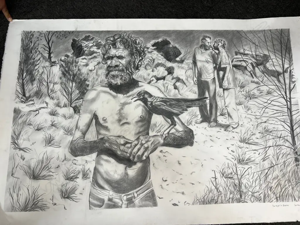 LARGE ABORIGINAL CHARCOAL DRAWING ARTWORK BY ROD MOSS 'The Night In Question'. 700 x 1100mm Image 1++