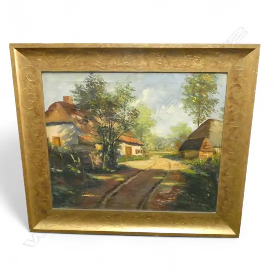 OIL ON CANVAS EUROPEAN VILLAGE, 490x585mm, SIGNED