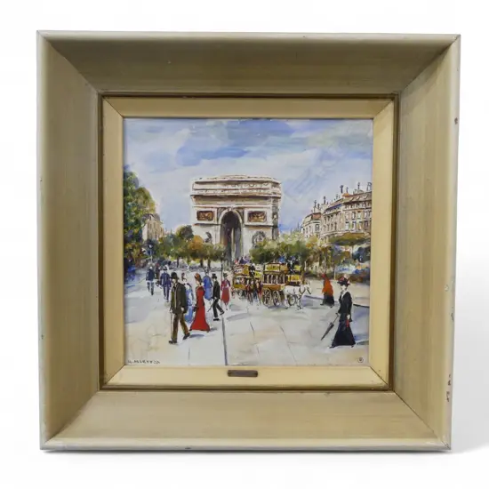 FRAMED OIL ON TILE ARC DE TRIUMPH SIGNED A MARESCA H190 L190MM