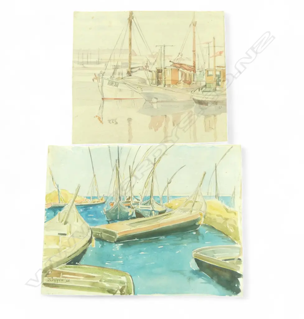 2 WCs; JACK. W. CRIPPEN 'NATIVE BOATS GREAT BITTER LAKE' 255x345mm SIGNED & DATED '42 + D. CARGILL 'ESBJERG 15.9.34' Image 1++