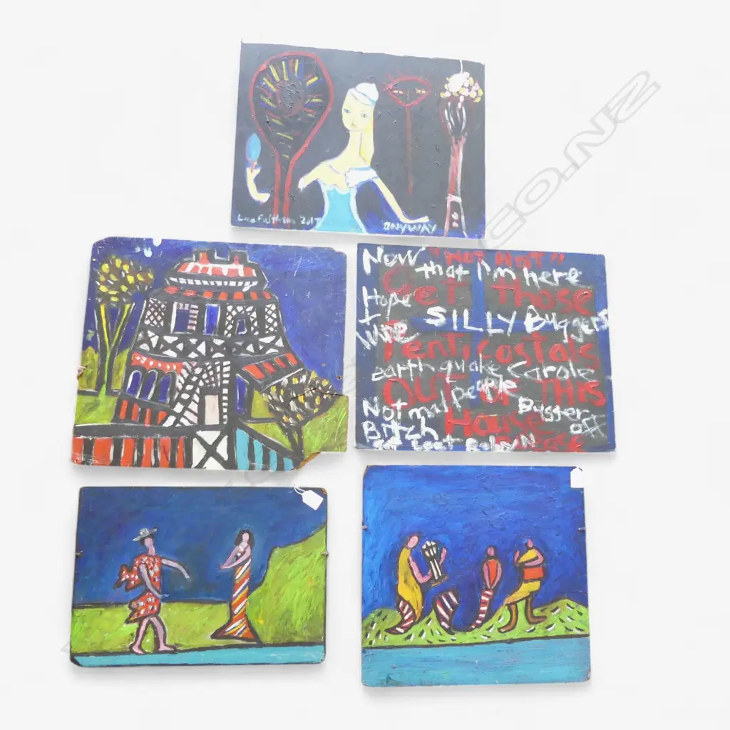 LEE FELTHAM, THE PARTY, ACRYLIC ON BOARD x 5, ONE SIGNED 2017, LGST 340 X 500MM provenance below Image 1++