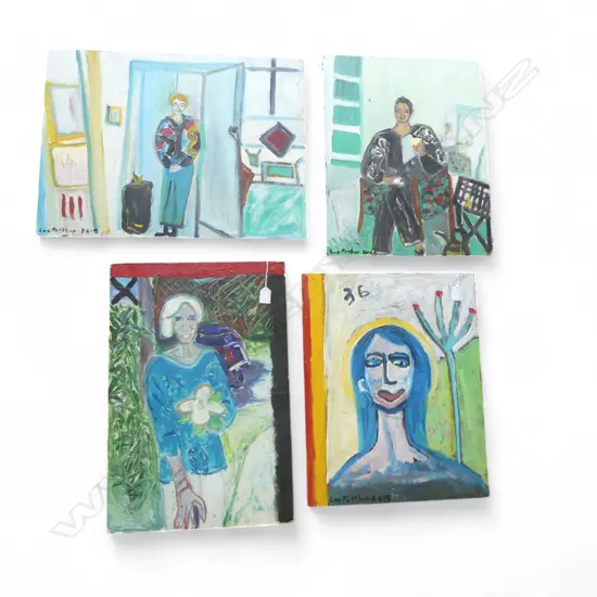 LEE FELTHAM, SERIES OF PORTRAITS, ACRYLIC ON BOARD x 4, LGST 340 X 500MM provenance below