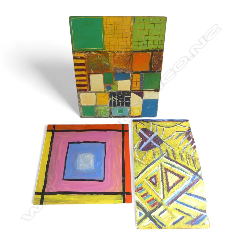 LEE FELTHAM, GEOMETRIC STUDIES, ACRYLIC ON BOARD x 3, LGST 600 X 750MM provenance below Image 1++