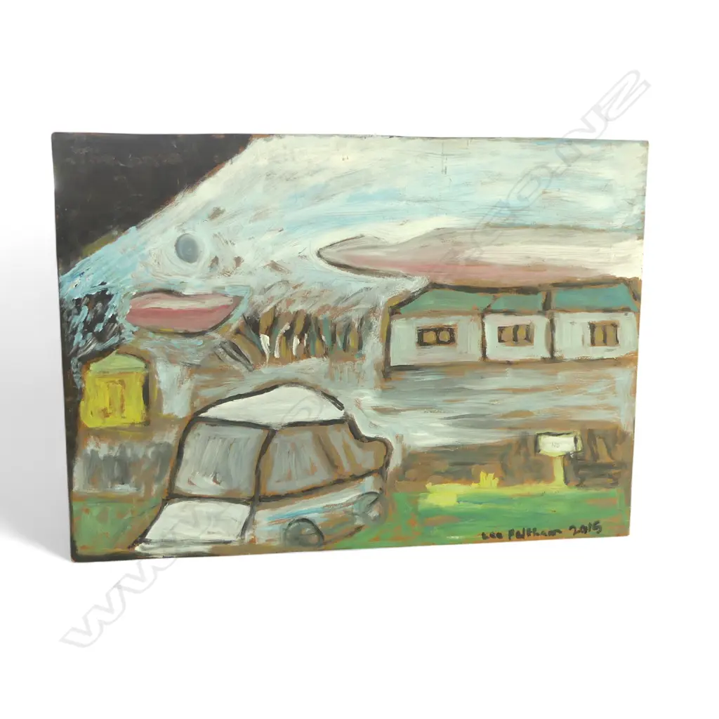 LEE FELTHAM, LANDSCAPE WITH A CAR, ACRYLIC ON BOARD ,  520 X 710 MM provenance below Image 1++