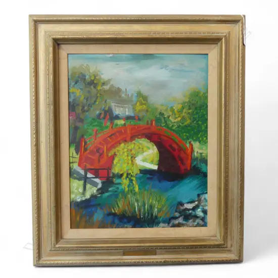 CHARLENE SMITH, RED BRIDGE, OIL ON BOARD 495x395mm