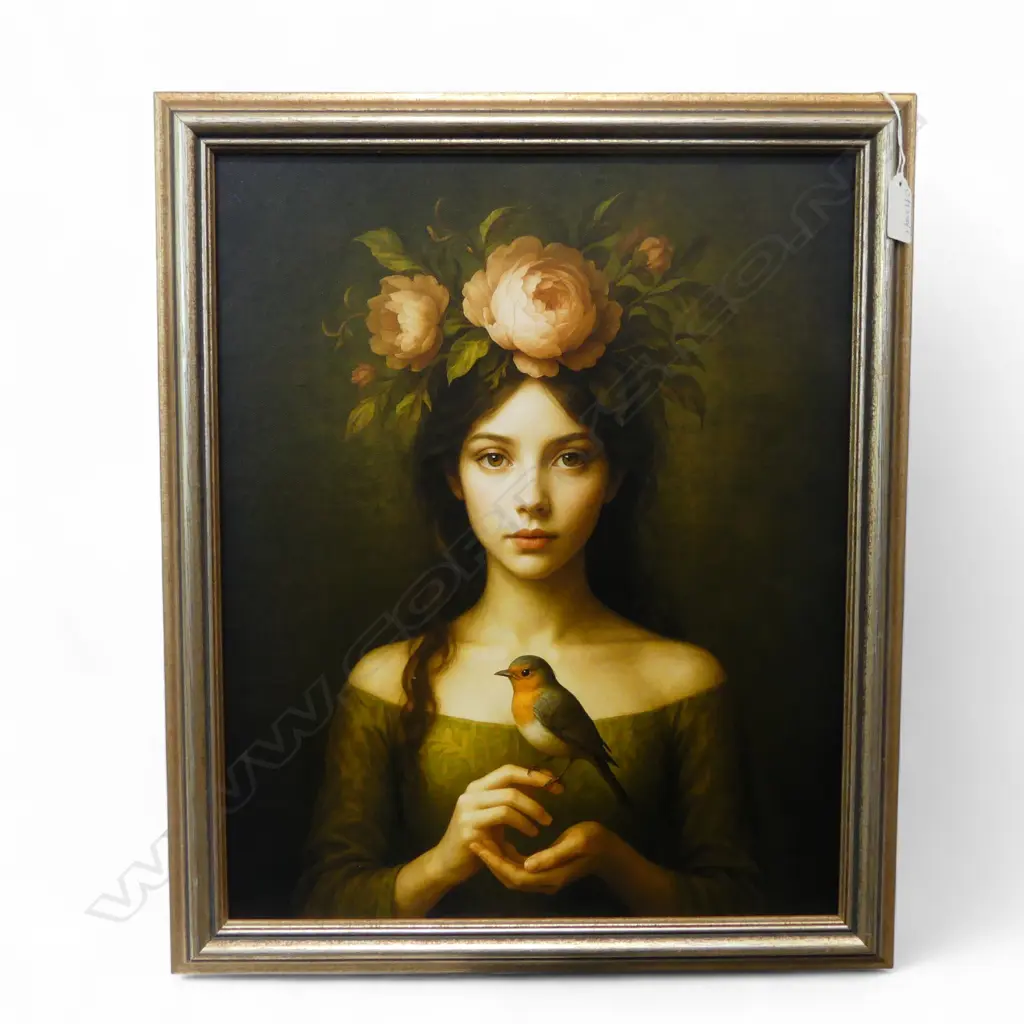 MODERN PORTRAIT PRINT, YOUNG WOMAN w. BIRD, CANVAS ON BOARD 435x350mm Image 1++