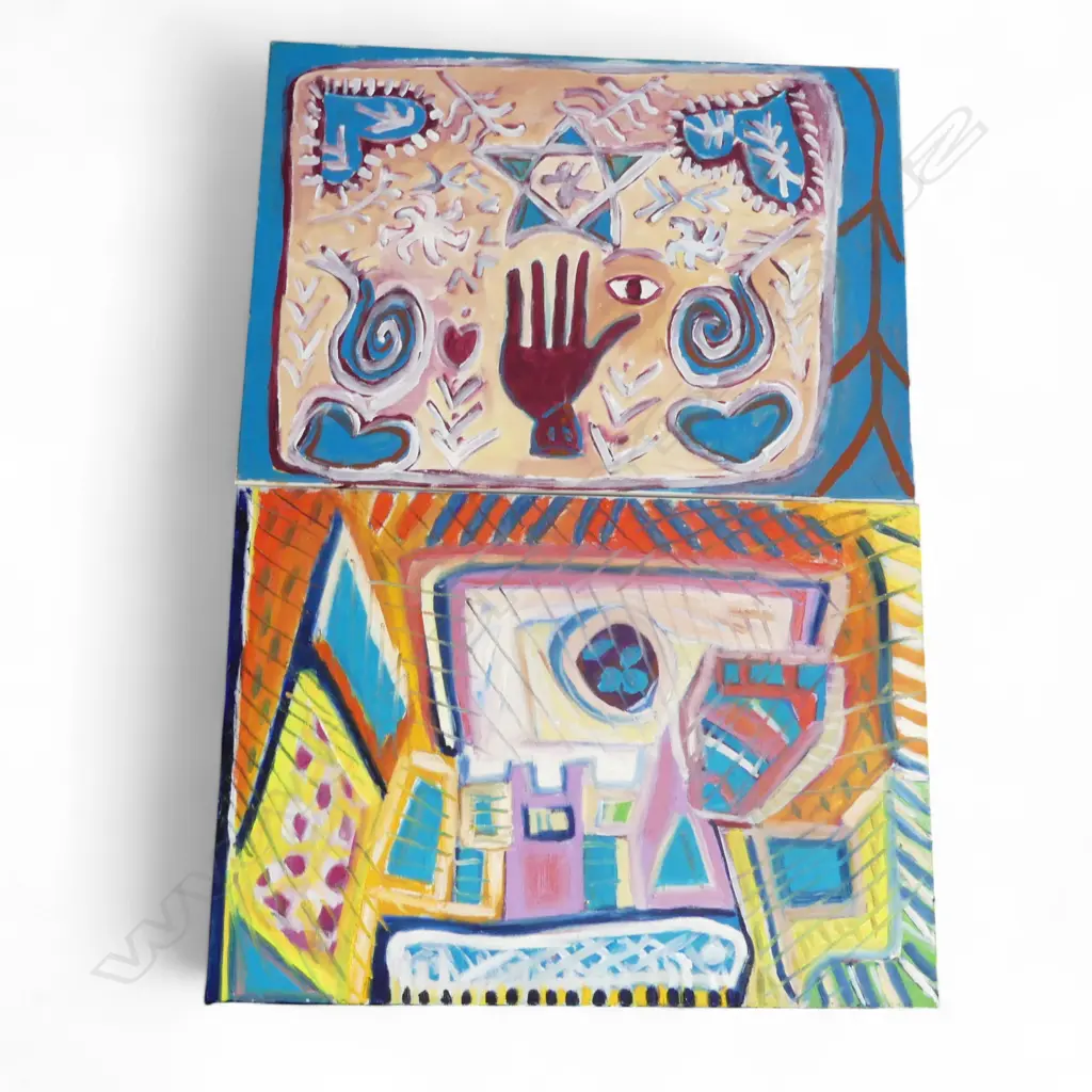 LEE FELTHAM, "FRIDGE" AND FATMA HAND, ACRYLIC ON CANVAS x 2, 500 X 700MM provenance below Image 1++