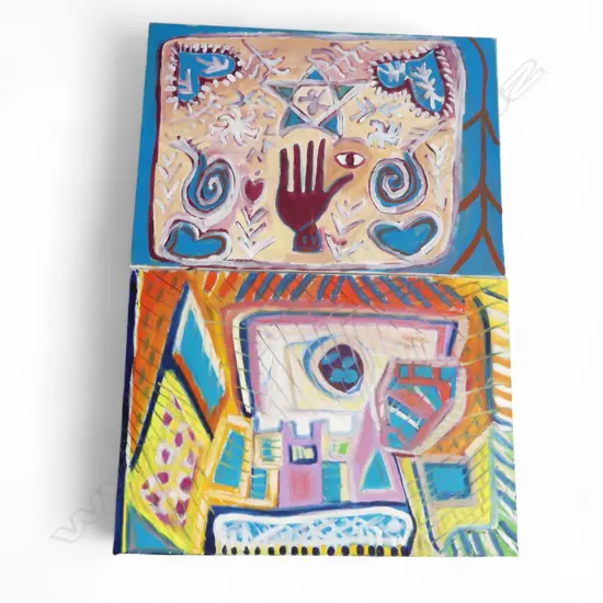 LEE FELTHAM, "FRIDGE" AND FATMA HAND, ACRYLIC ON CANVAS x 2, 500 X 700MM provenance below