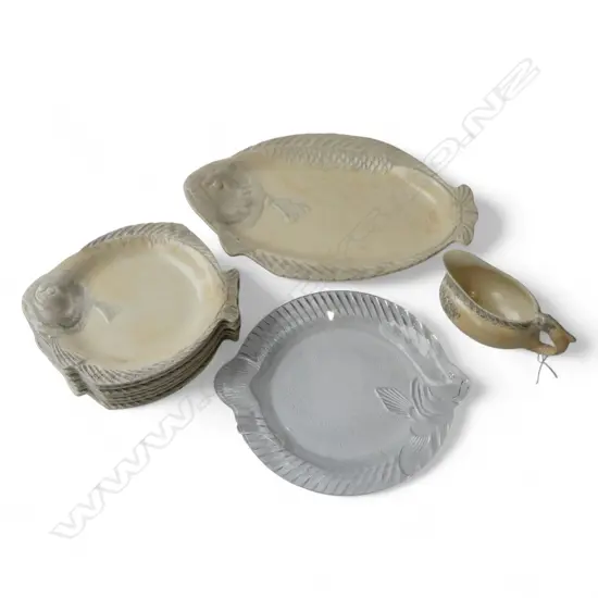 GLASS FISH PLATE & ASST. BURLEIGH WARE FISH CHINA; 8 PLATES, DISH + JUG 