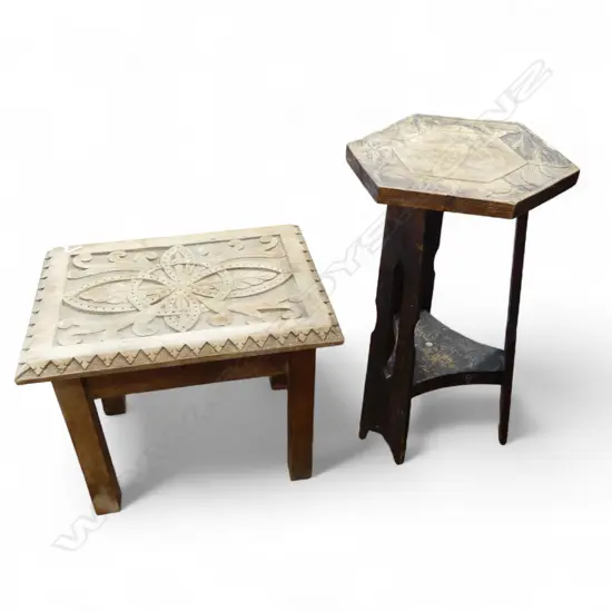 CARVED STOOL 380x290x300 + DISTRESSED OCCASIONAL TABLE H.465mm