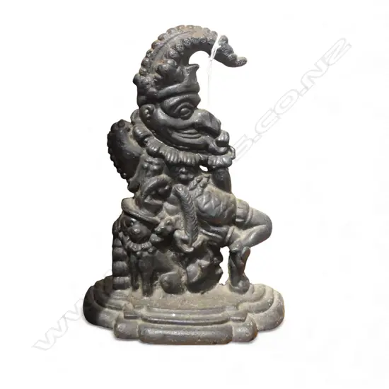 ANTIQUE BLACK PAINTED CAST IRON 'PUNCH' DOOR STOP H.290mm