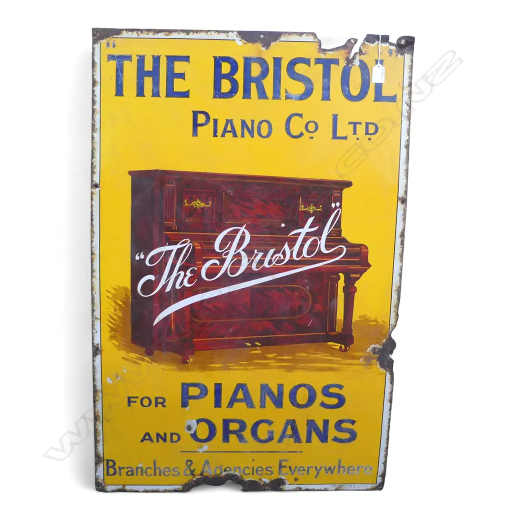 VINTAGE DISTRESSED 'THE BRISTOL PIANO Co. Ltd' ENAMEL SIGN 985x635mm Image 1++