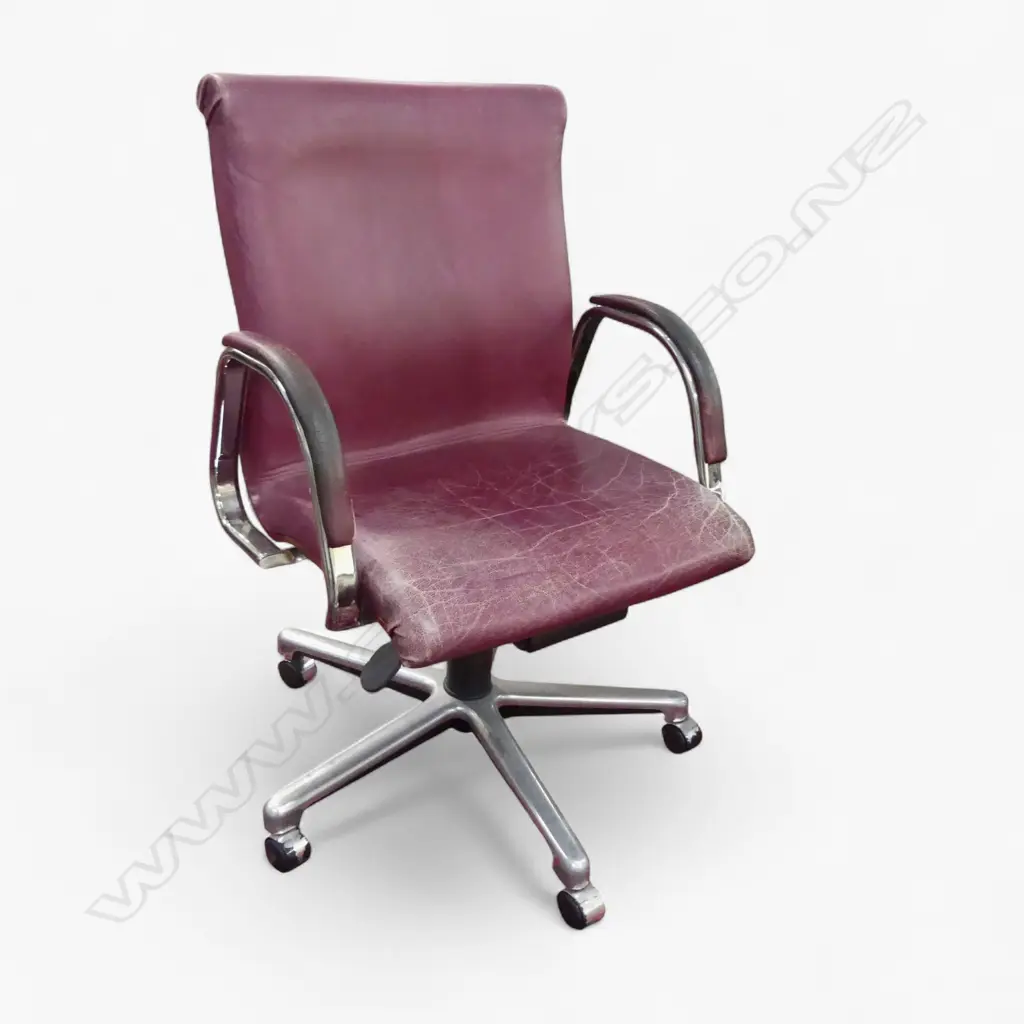A WINCORP ADJUSTABLE OFFICE CHAIR WITH PURPLE LEATHER UPHOLSTERY (SEAT LEATHER CRACKED AND WORN) Image 1++