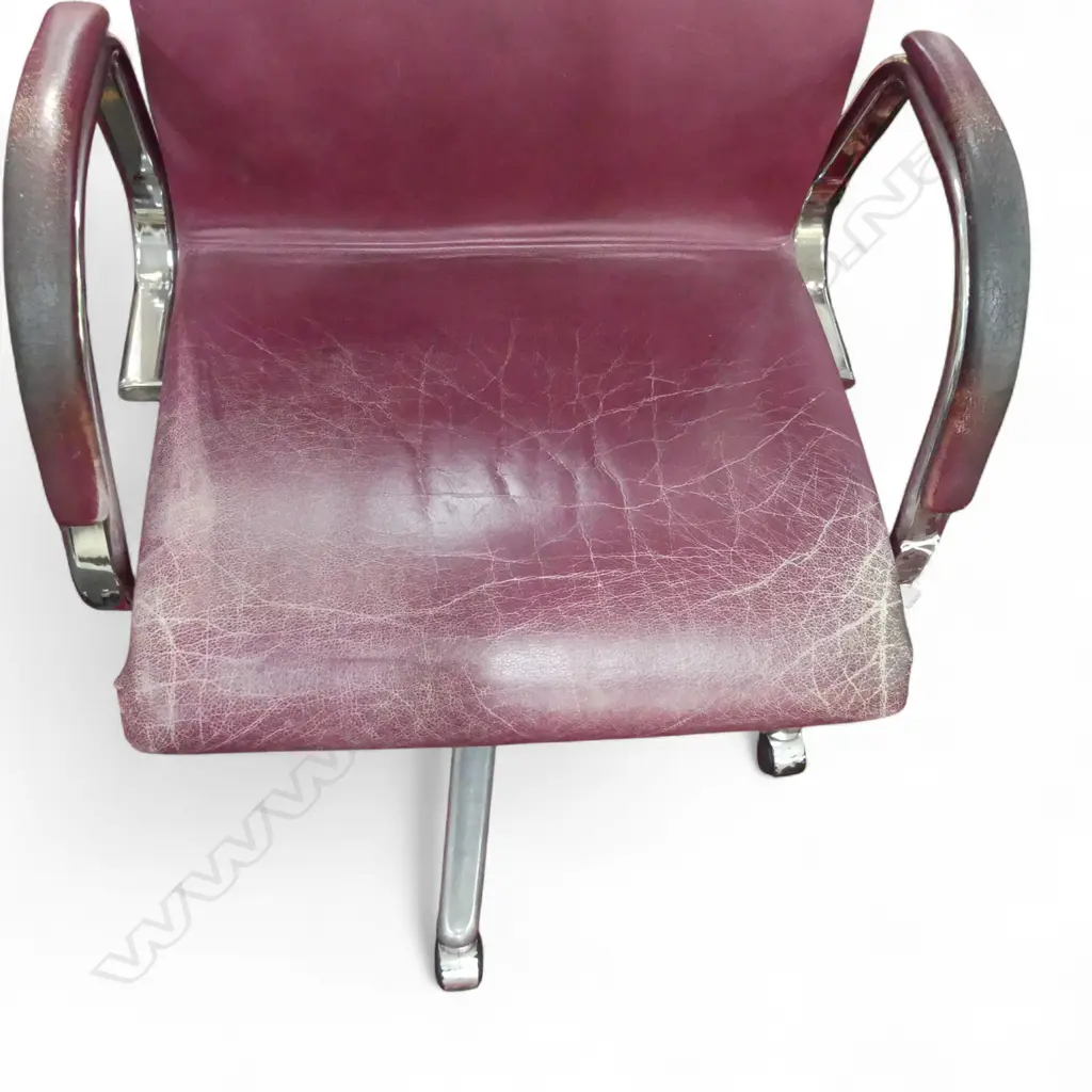 A WINCORP ADJUSTABLE OFFICE CHAIR WITH PURPLE LEATHER UPHOLSTERY (SEAT LEATHER CRACKED AND WORN) Image 1++