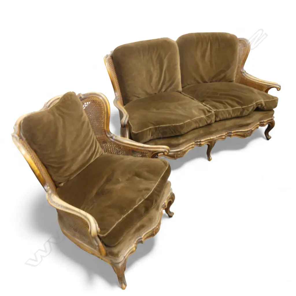 BERGERE CANE FILLED SOFA w. MATCHING ARMCHAIR includes squabs some faults Image 1++