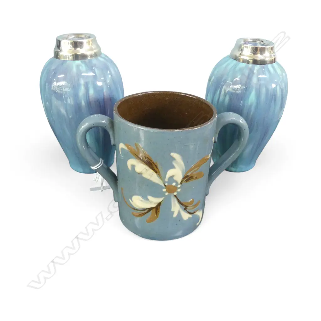 PR JAMES PLANT & SONS BLUE GLAZED VASES w. STG SILVER RIM, LONDON 1902 H.155mm + LOVING CUP 'BE AISY' Image 1++