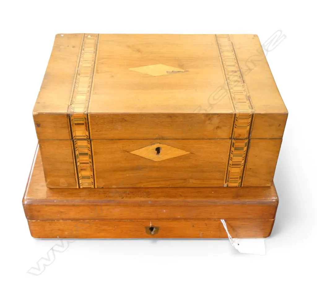 2 VINTAGE INLAID WOOD BOXES no keys 280x220x65mm Image 1++