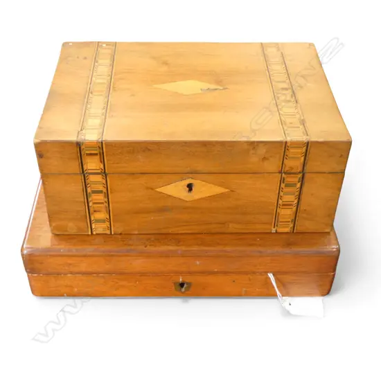 2 VINTAGE INLAID WOOD BOXES no keys 280x220x65mm